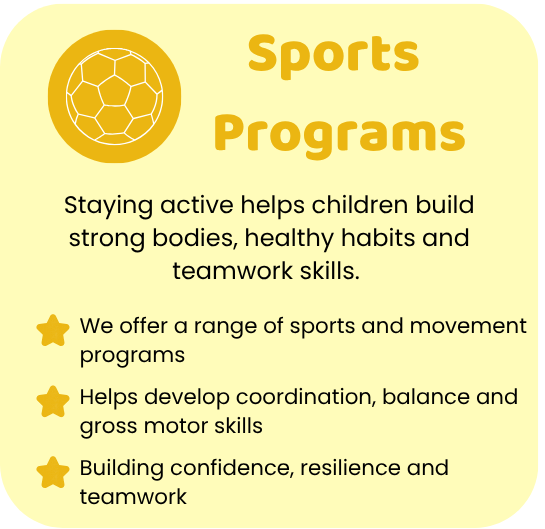 Sports Programs card detailing active movement schedules designed to build coordination, balance, and teamwork skills